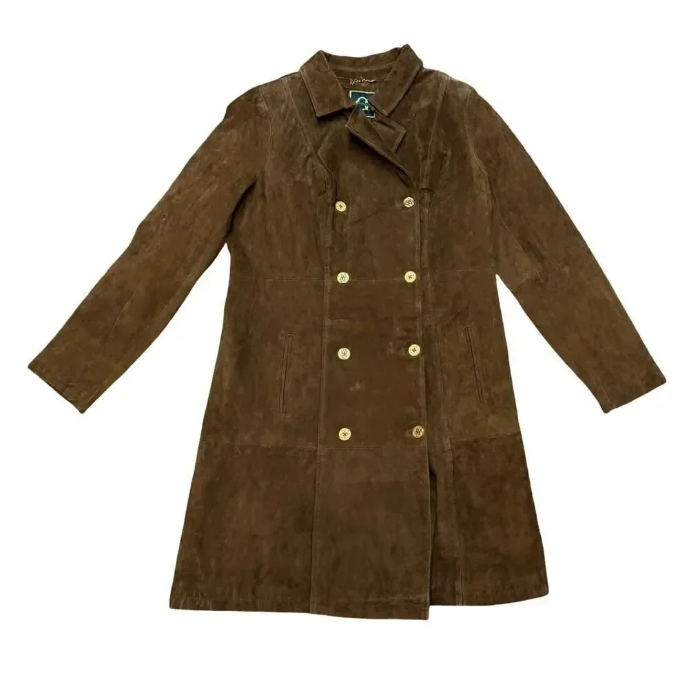 NWT C Wonder Brown Real Leather Coat Double Breasted Jacket Size 14 Gold Buttons